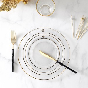 Lėkštės vienkartinė plastikinės skaidrios su auksiniu apvadu D19 cm 6 vnt.KA6272