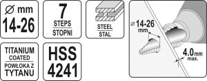 Grąžtas skylės platinimui pakopinis 14-26 mm YT-44743 YATO