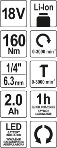 Suktuvas smūginis akumuliatorinis 160Nm 18V 2Ah YT-82800 YATO SYS18V