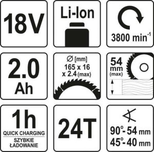 Pjūklas diskinis akumuliatorinis 165 mm 18V 2Ah YT-82810 YATO SYS18V