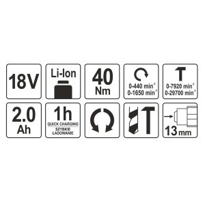 Gręžtuvas-suktuvas smūginis akumuliatorinis 18V 2Ah YT-82786 YATO SYS18V