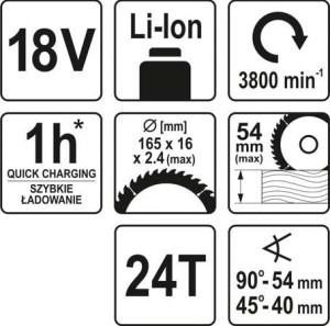 Pjūklas diskinis akumuliatorinis 165 mm 18V b/a YT-82811 YATO SYS18V