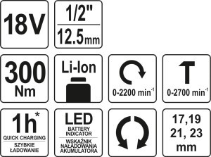 Veržliasukis smūginis akumuliatorinis 18V b/a YT-82805 YATO SYS18V