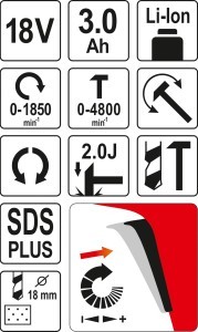 Gręžtuvas-kaltuvas SDS-PLUS 18V 3Ah YT-82770 YATO SYS18V