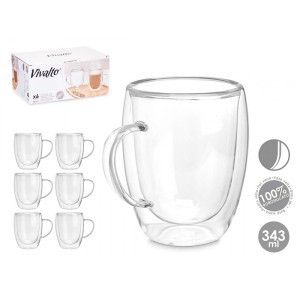 Puodeliai stikliniai 6 vnt su dvigubomis sienelėmis 343 ml Vivalto 85372