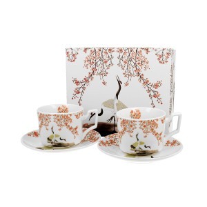 Puodeliai su lėkštelėmis porcelianiniai 2 vnt. 270 ml Sakura ir gervės DUO