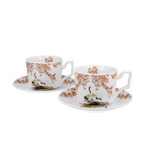 Puodeliai su lėkštelėmis porcelianiniai 2 vnt. 270 ml Sakura ir gervės DUO