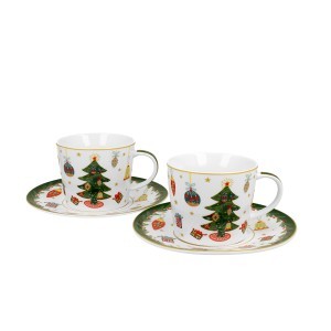 Puodeliai porcelianiniai su lėkštutėmis Eglutė 250 ml kld DUO