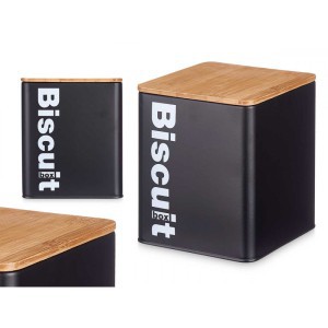 Dėžutė sausainiams metalinė 14x14x17 cm juoda, bambukinis dangt. Kinvara 86936