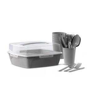 Rinkinys iškylai 6 asmenims (puodeliai, stalo įrankiai, lėkštės) pilka sp. 43209