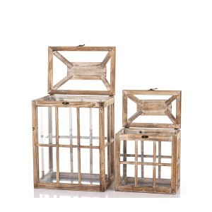 Žibintai 2 vnt. mediniai/stikliniai  57x30x21 (40,5x25x10) cm 180180