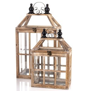 Žibintai 2 vnt. mediniai/stikliniai  57x30x21 (40,5x25x10) cm 180180