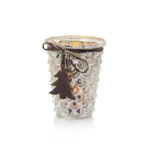 Žvakidė stiklinė sidabro spl. su eglutės dekoracija (4) 11.5x11.5x14,5 SAVEX kld