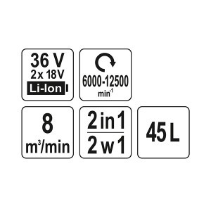 Pūstuvas sniegui+siurblys lapams 45L akumuliator 2x18V b/a YT-85175 YATO SYS18V