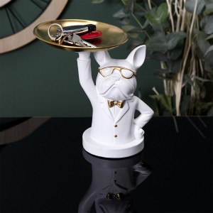 Figūrėlė keramikinė Buldogas su padėklu baltos sp. 23 cm Home Deco HD1323